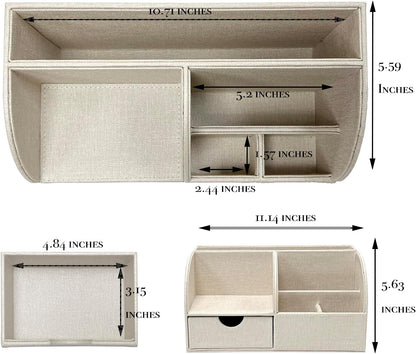 Desk Organizer - Multifunctional Leather Desktop Pen Holder Storage Box - Business Card/Pen/Pencil/Mobile Phone/Stationery Holder, Beige Linen Texture Revised