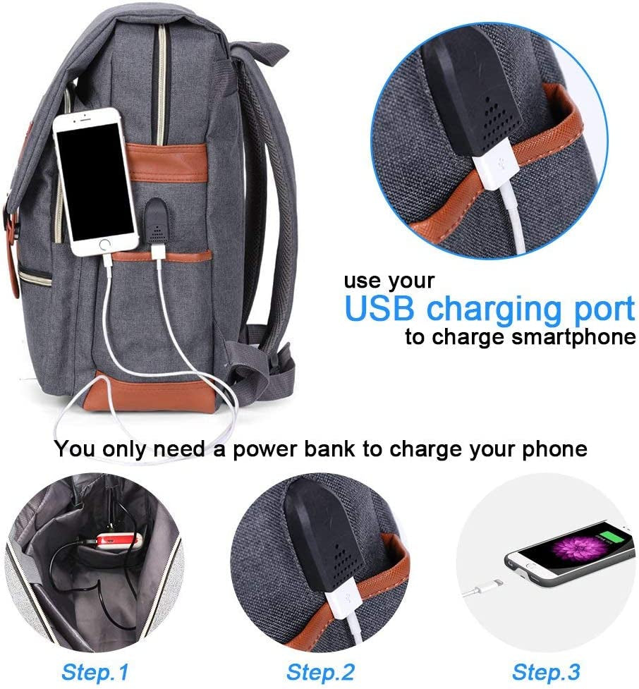 Vintage Laptop Backpack for Women Men,Travel Backpacks with USB Charging Port Fashion Backpack Fits 15.6Inch Notebook, Grey