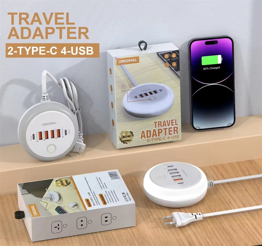 PD 50W Multi Port Charger Type C Fast Charging EU US Plug Wall Charger 6 Port USB Quick Phone Charger with Touch LED/ Fill Light