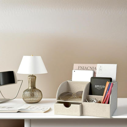 Desk Organizer - Multifunctional Leather Desktop Pen Holder Storage Box - Business Card/Pen/Pencil/Mobile Phone/Stationery Holder, Beige Linen Texture Revised
