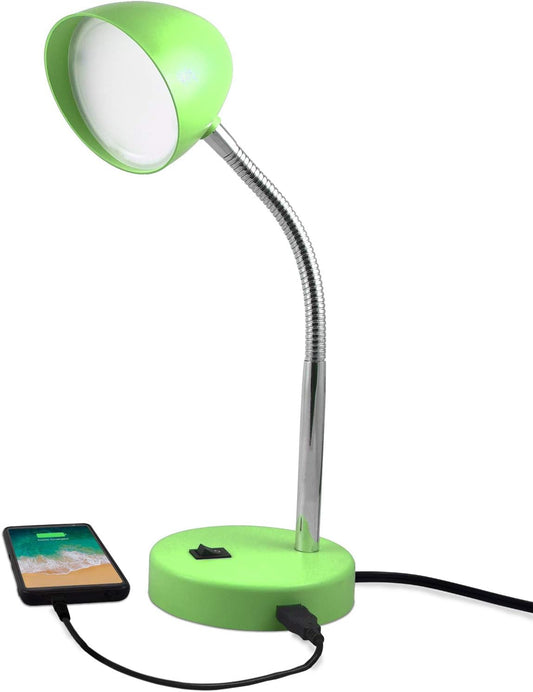 LED Desk Lamp with USB Charging Port, Green Desk Lamp, Adjustable Neck, On/Off Switch, Modern Table Lamp for Reading, Work or School, Warm Gentle Light
