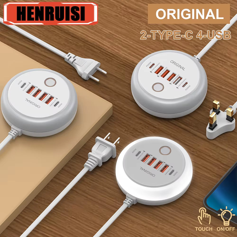 PD 50W Multi Port Charger Type C Fast Charging EU US Plug Wall Charger 6 Port USB Quick Phone Charger with Touch LED/ Fill Light