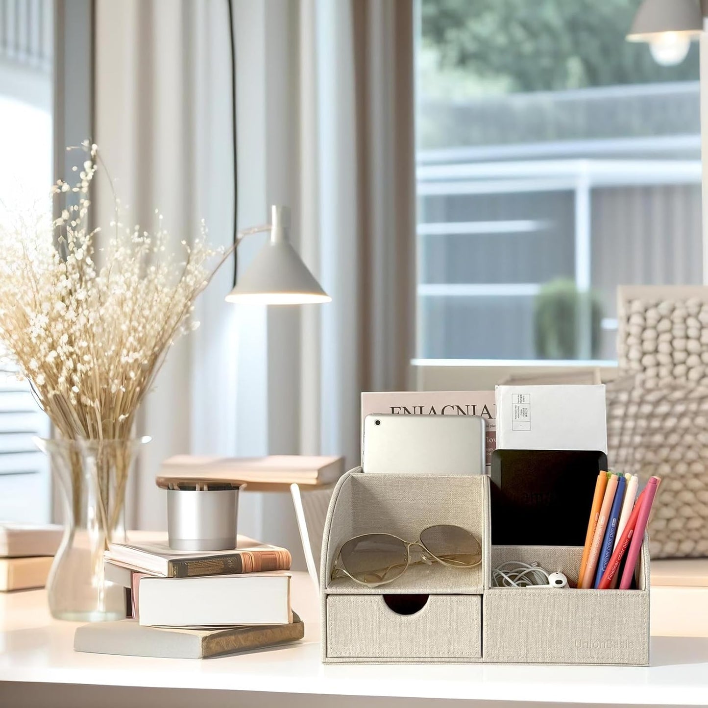 Desk Organizer - Multifunctional Leather Desktop Pen Holder Storage Box - Business Card/Pen/Pencil/Mobile Phone/Stationery Holder, Beige Linen Texture Revised