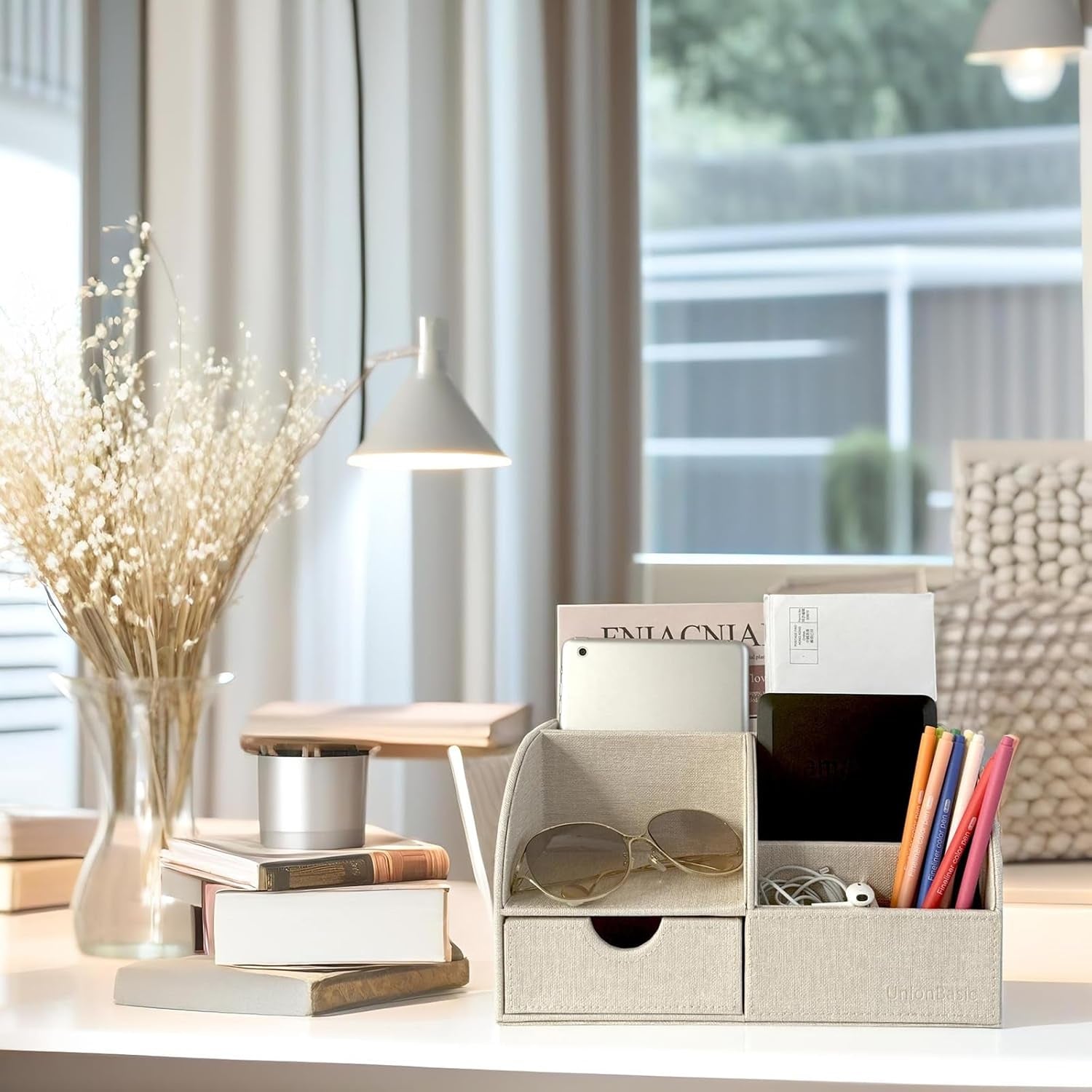 Desk Organizer - Multifunctional Leather Desktop Pen Holder Storage Box - Business Card/Pen/Pencil/Mobile Phone/Stationery Holder, Beige Linen Texture Revised
