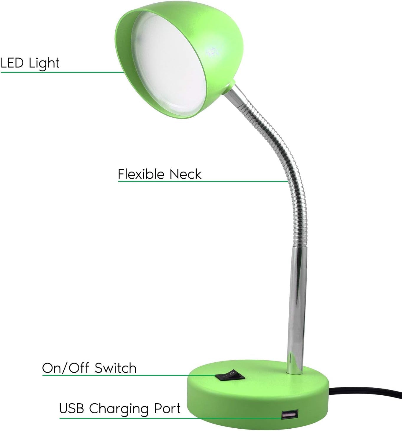LED Desk Lamp with USB Charging Port, Green Desk Lamp, Adjustable Neck, On/Off Switch, Modern Table Lamp for Reading, Work or School, Warm Gentle Light