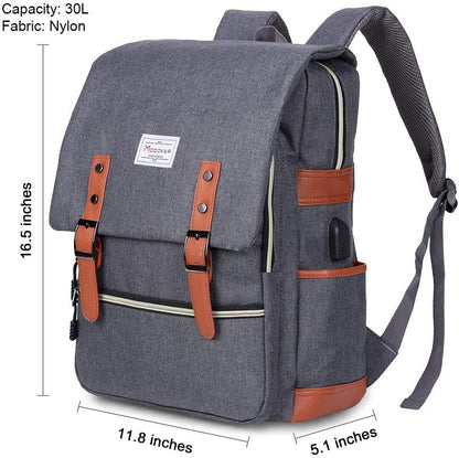 Vintage Laptop Backpack for Women Men,Travel Backpacks with USB Charging Port Fashion Backpack Fits 15.6Inch Notebook, Grey