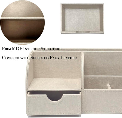 Desk Organizer - Multifunctional Leather Desktop Pen Holder Storage Box - Business Card/Pen/Pencil/Mobile Phone/Stationery Holder, Beige Linen Texture Revised