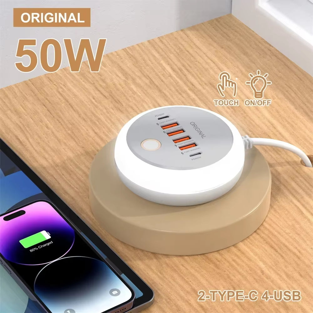 PD 50W Multi Port Charger Type C Fast Charging EU US Plug Wall Charger 6 Port USB Quick Phone Charger with Touch LED/ Fill Light