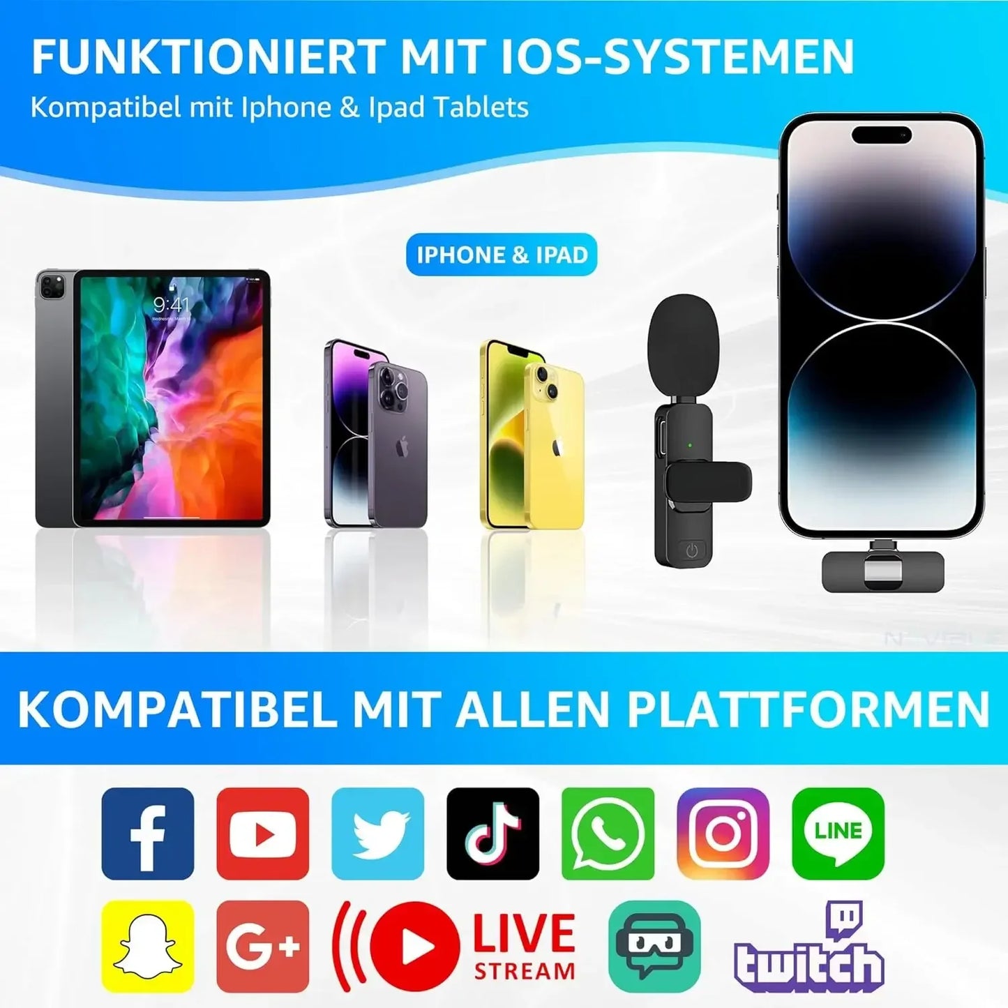 Wireless Lavalier Microphone for Iphone Android Plug and Play Wireless Noise Canceling Microphone Youtube Tiktok Live Streamin