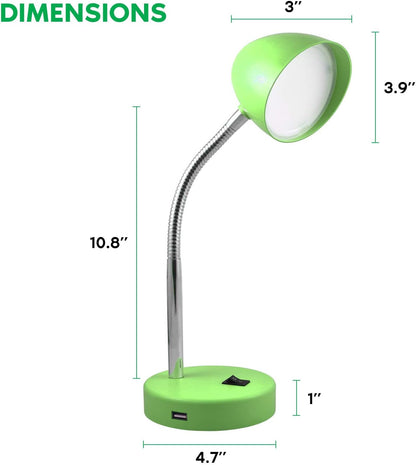 LED Desk Lamp with USB Charging Port, Green Desk Lamp, Adjustable Neck, On/Off Switch, Modern Table Lamp for Reading, Work or School, Warm Gentle Light