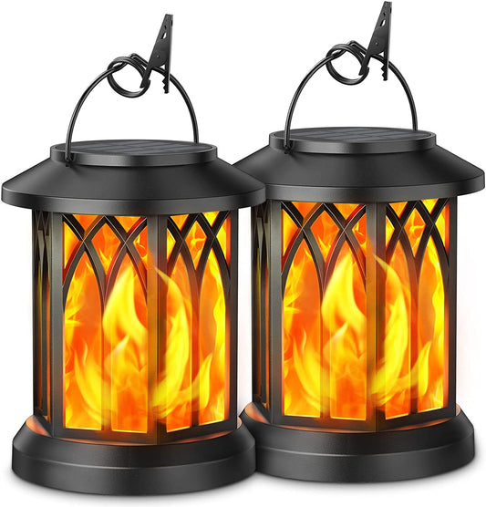 Hanging Solar Lights Lantern Outdoor, Flickering Flames Solar Outdoor Lights, Solar Lanterns Outdoor Waterproof with Bigger Panel, Lanterns Decorative Outdoor for Yard Garden Decor, 2 Pack