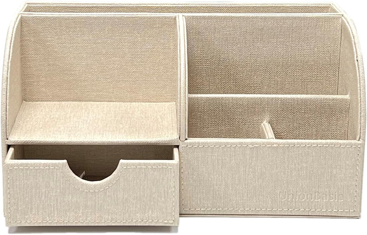 Desk Organizer - Multifunctional Leather Desktop Pen Holder Storage Box - Business Card/Pen/Pencil/Mobile Phone/Stationery Holder, Beige Linen Texture Revised