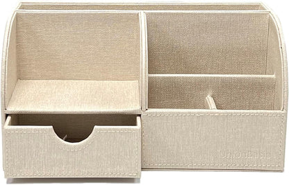 Desk Organizer - Multifunctional Leather Desktop Pen Holder Storage Box - Business Card/Pen/Pencil/Mobile Phone/Stationery Holder, Beige Linen Texture Revised