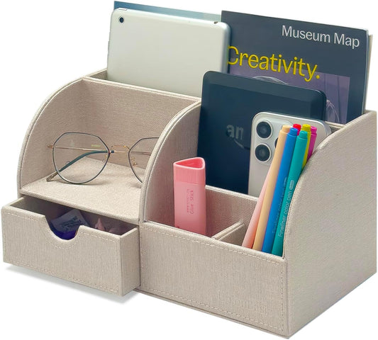 Desk Organizer - Multifunctional Leather Desktop Pen Holder Storage Box - Business Card/Pen/Pencil/Mobile Phone/Stationery Holder, Beige Linen Texture Revised