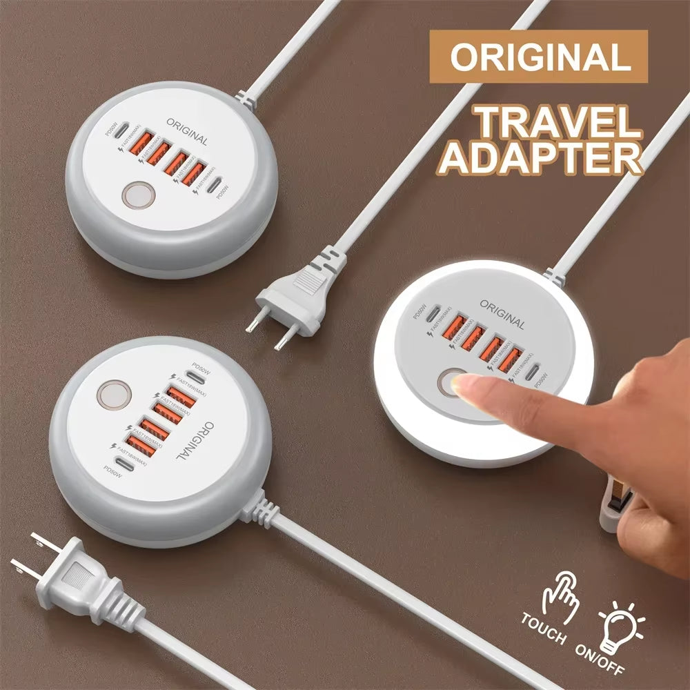 PD 50W Multi Port Charger Type C Fast Charging EU US Plug Wall Charger 6 Port USB Quick Phone Charger with Touch LED/ Fill Light
