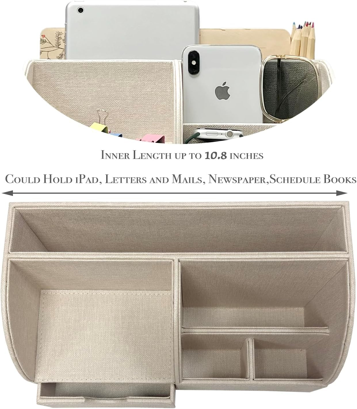 Desk Organizer - Multifunctional Leather Desktop Pen Holder Storage Box - Business Card/Pen/Pencil/Mobile Phone/Stationery Holder, Beige Linen Texture Revised